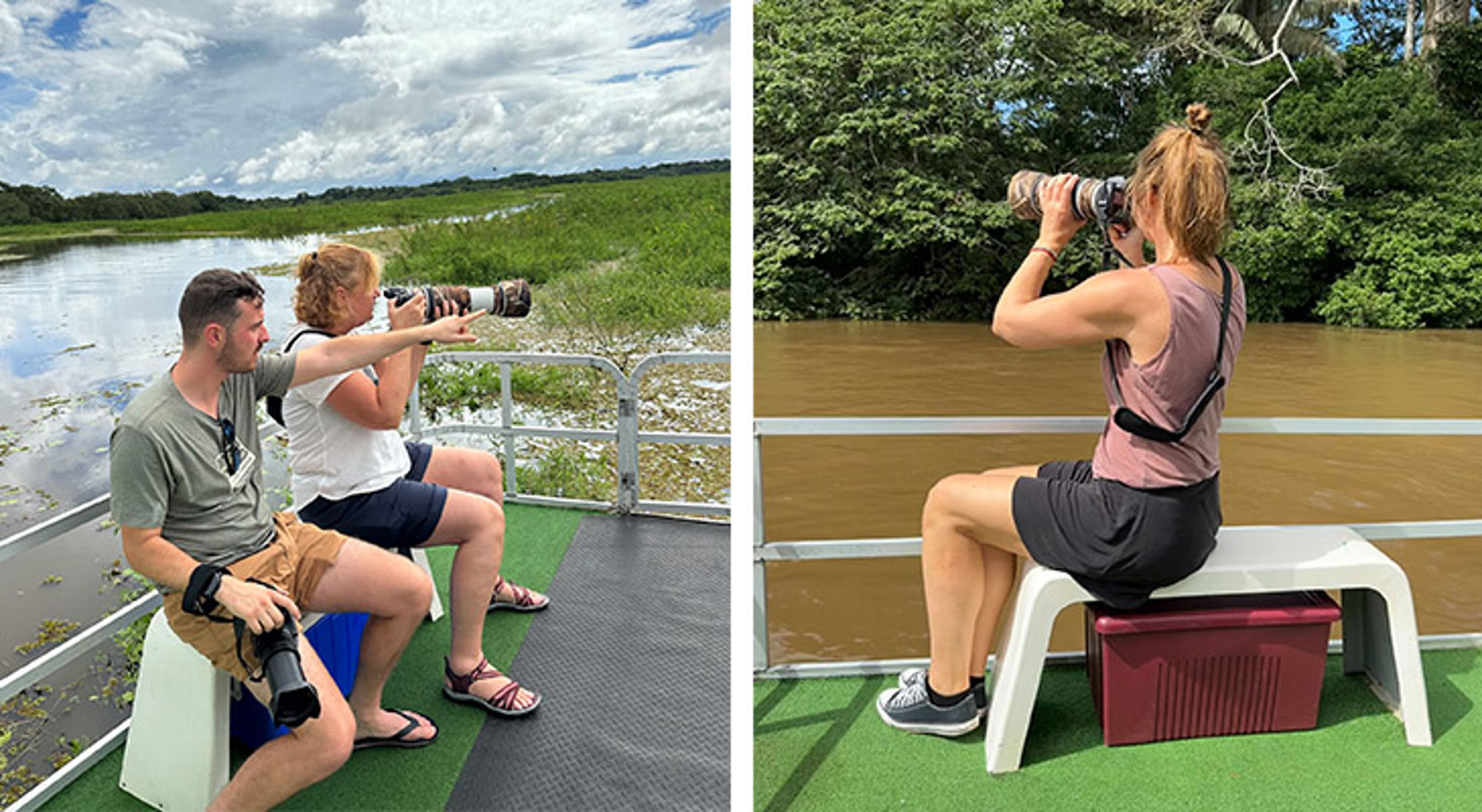 Excursie Caño Negro Fotografen met telelens op een boot tijdens een rivierexcursie langs groen regenwoud.