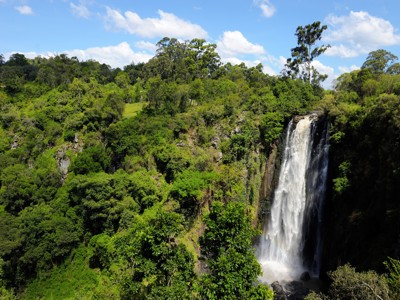 Waterval in groen berglandschap tijdens de route Kenia en Tanzania.
