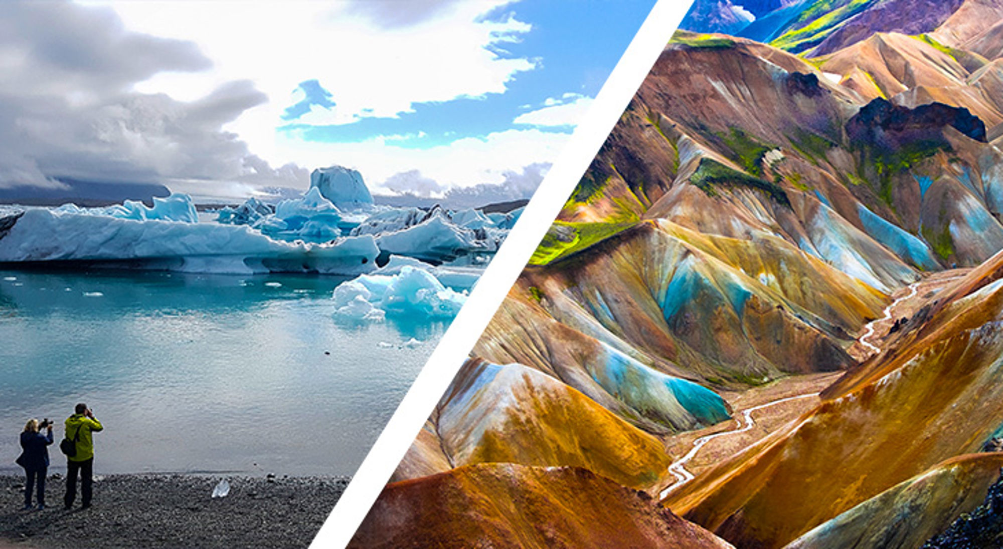 Jokulsarlon en Landmannalaugar Gletsjermeer met drijvende ijsbergen en wandelaars, naast kleurrijke rhyolietbergen met kronkelende rivier in IJsland.