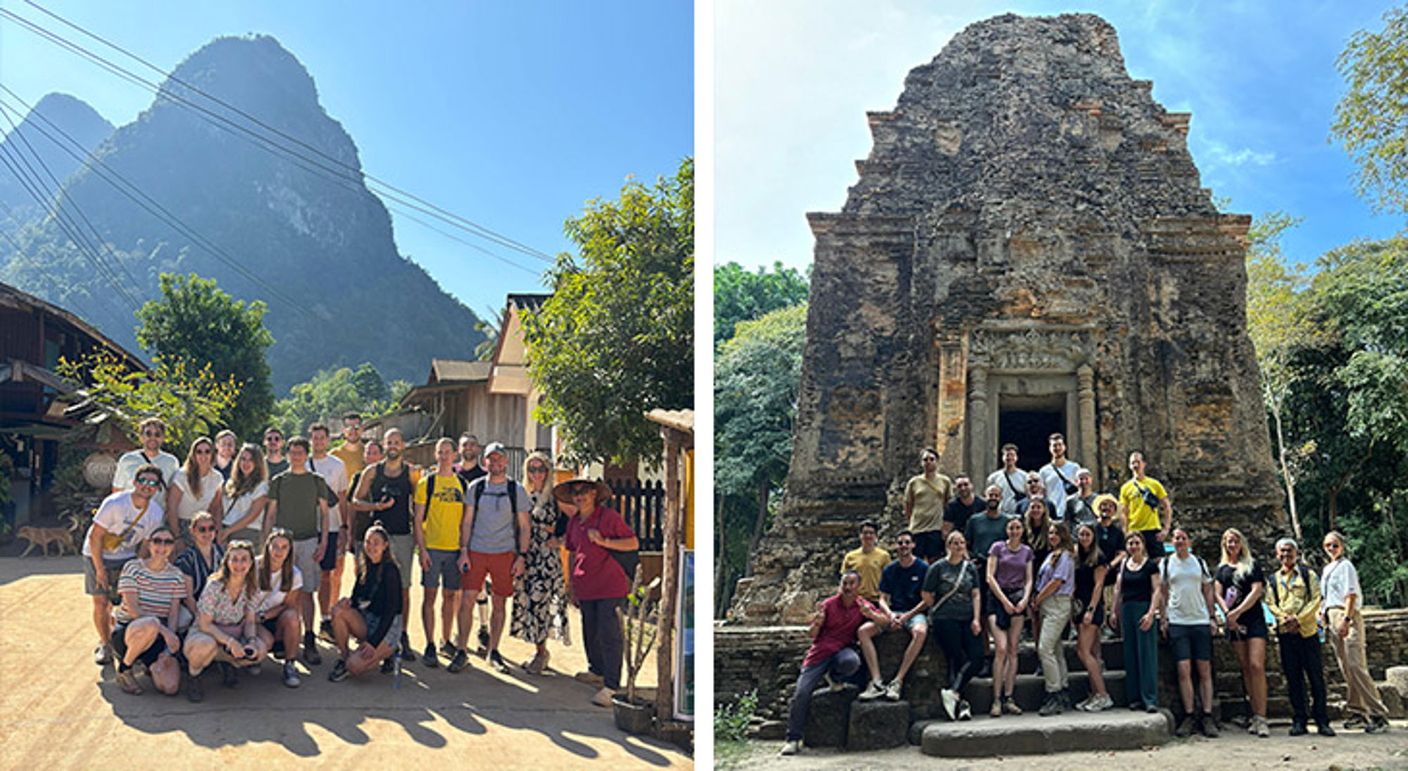 Nong Khiaw & Sambor Prei Kuk Groepsfoto van reizigers bij een dorp met berg op de achtergrond en bij een oude tempelruïne.