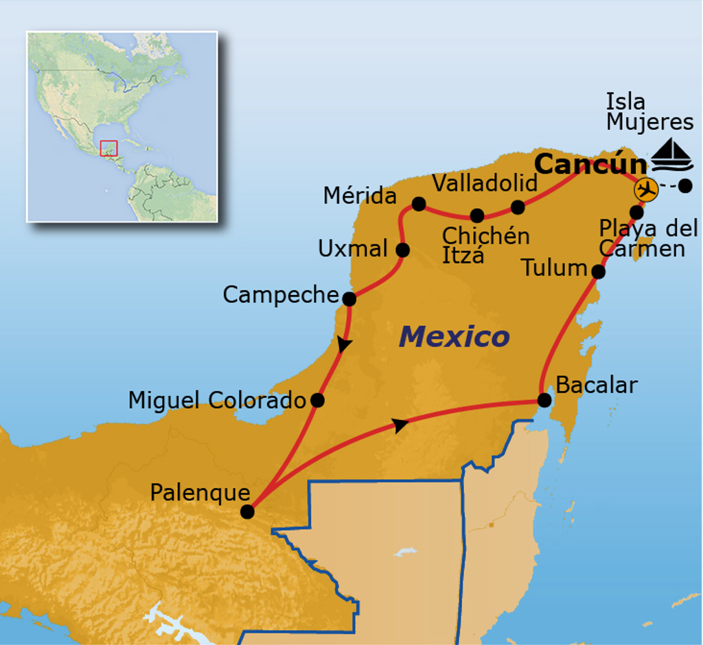 Routekaart Mexico met reisroute langs Cancún, Isla Mujeres, Playa del Carmen, Tulum, Bacalar, Palenque en Mérida.