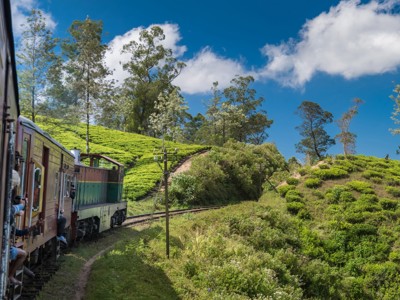 Treinrit door groene theeplantages in Sri Lanka onder een blauwe lucht met wolken.
