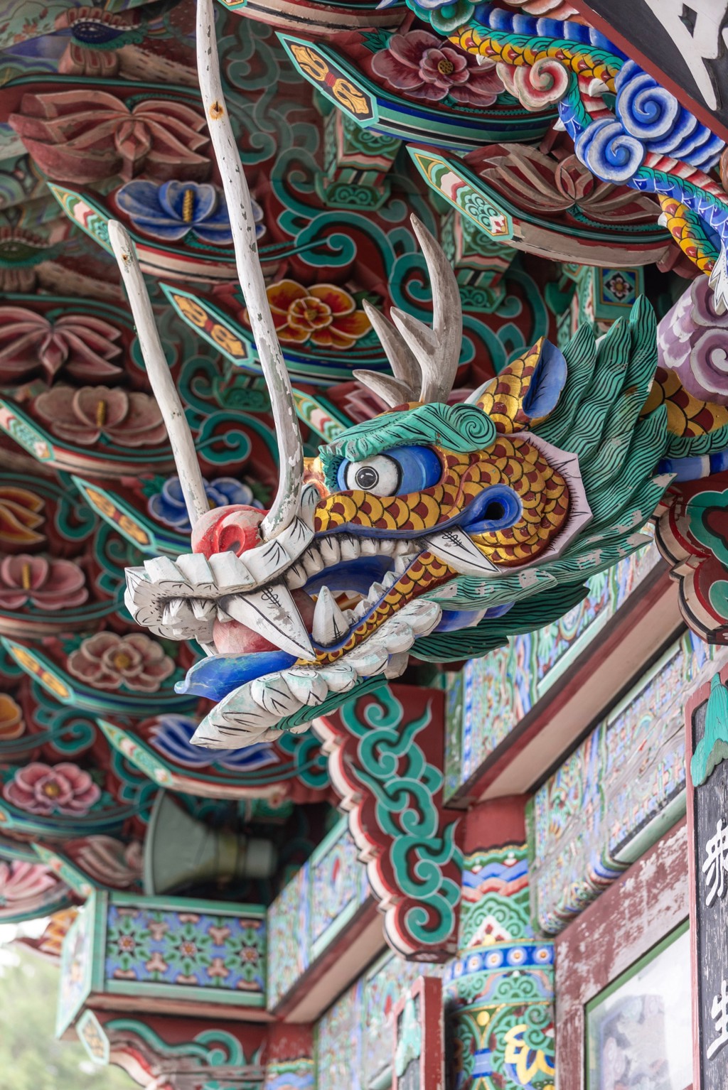 Kleurrijke drakenkop als tempeldecoratie in Zuid-Korea tijdens een groepsrondreis.