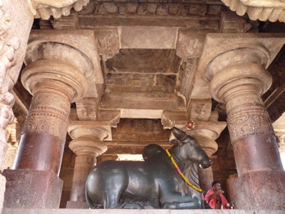 Nandi-stierbeeld in een Zuid-Indiase tempel, omringd door rijk bewerkte stenen zuilen.