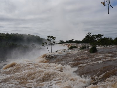 Iguazú-watervallen in Argentinië met kolkend water en nevel boven het regenwoud.