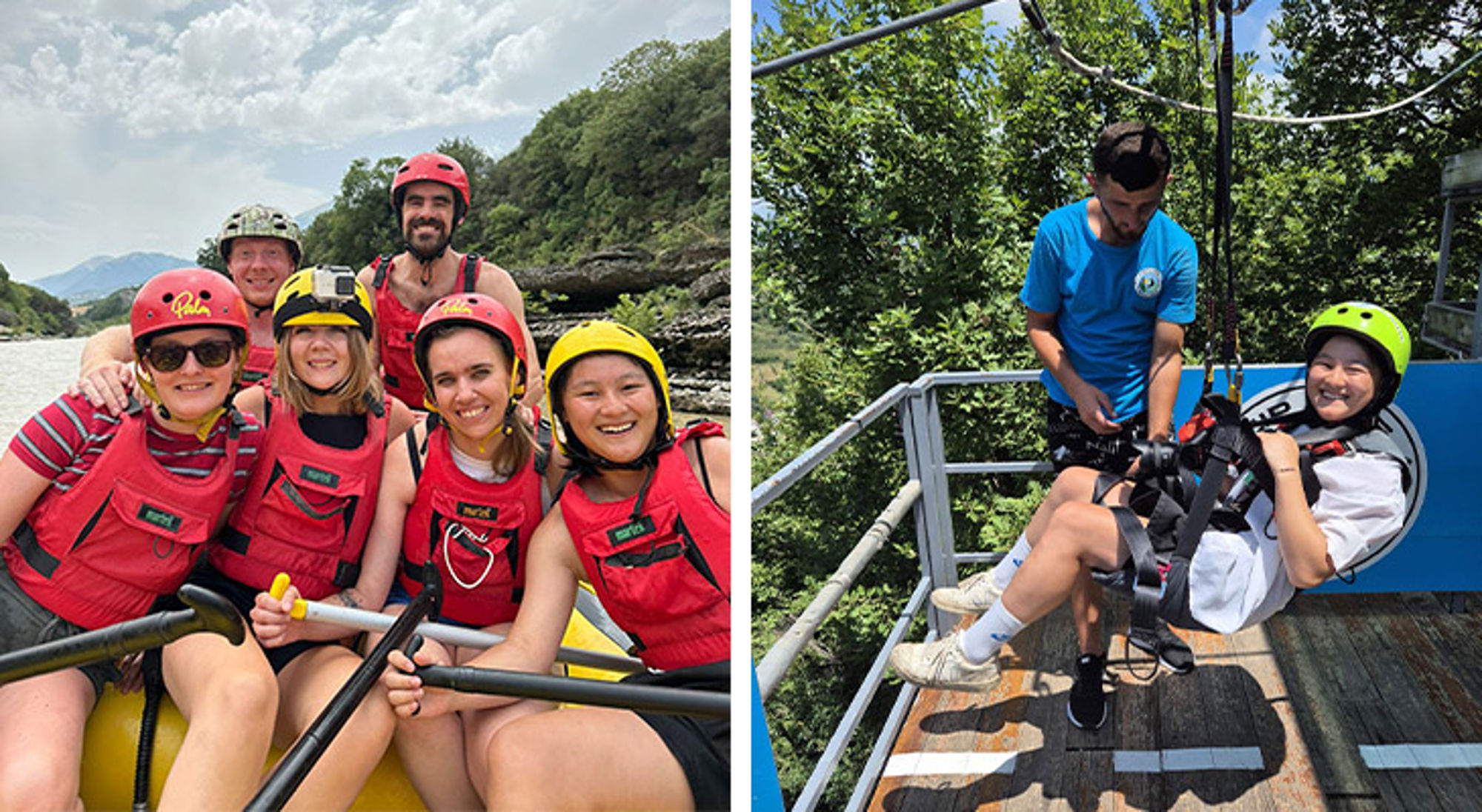 Raften en ziplinen in Albanië Groep vrienden met helmen en zwemvesten tijdens raften en een deelnemer die wordt vastgemaakt voor een zipline.