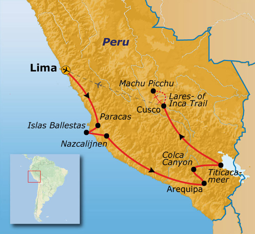 Routekaart Peru met reisroute via Lima, Paracas, Nazcalijnen, Arequipa, Colca Canyon, Titicacameer en Cusco.