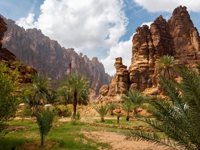 Palmoase tussen hoge zandstenen rotsformaties in Wadi Al Disah, Saoedi-Arabië.