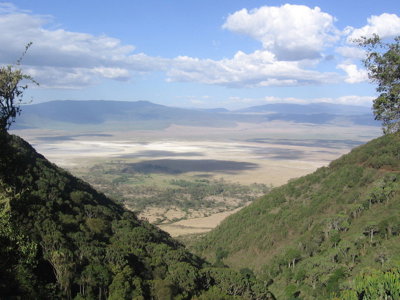 Uitzicht over de Ngorongoro-krater met savanne en bergen in Tanzania.