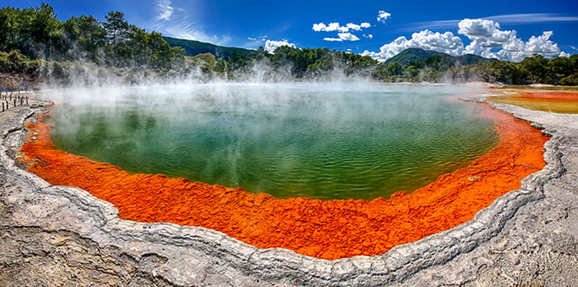 Thermisch gebied Rotorua - Nieuw-Zeeland Stomende geothermische bron met groen water en feloranje oever, omringd door bos en bergen onder blauwe lucht.