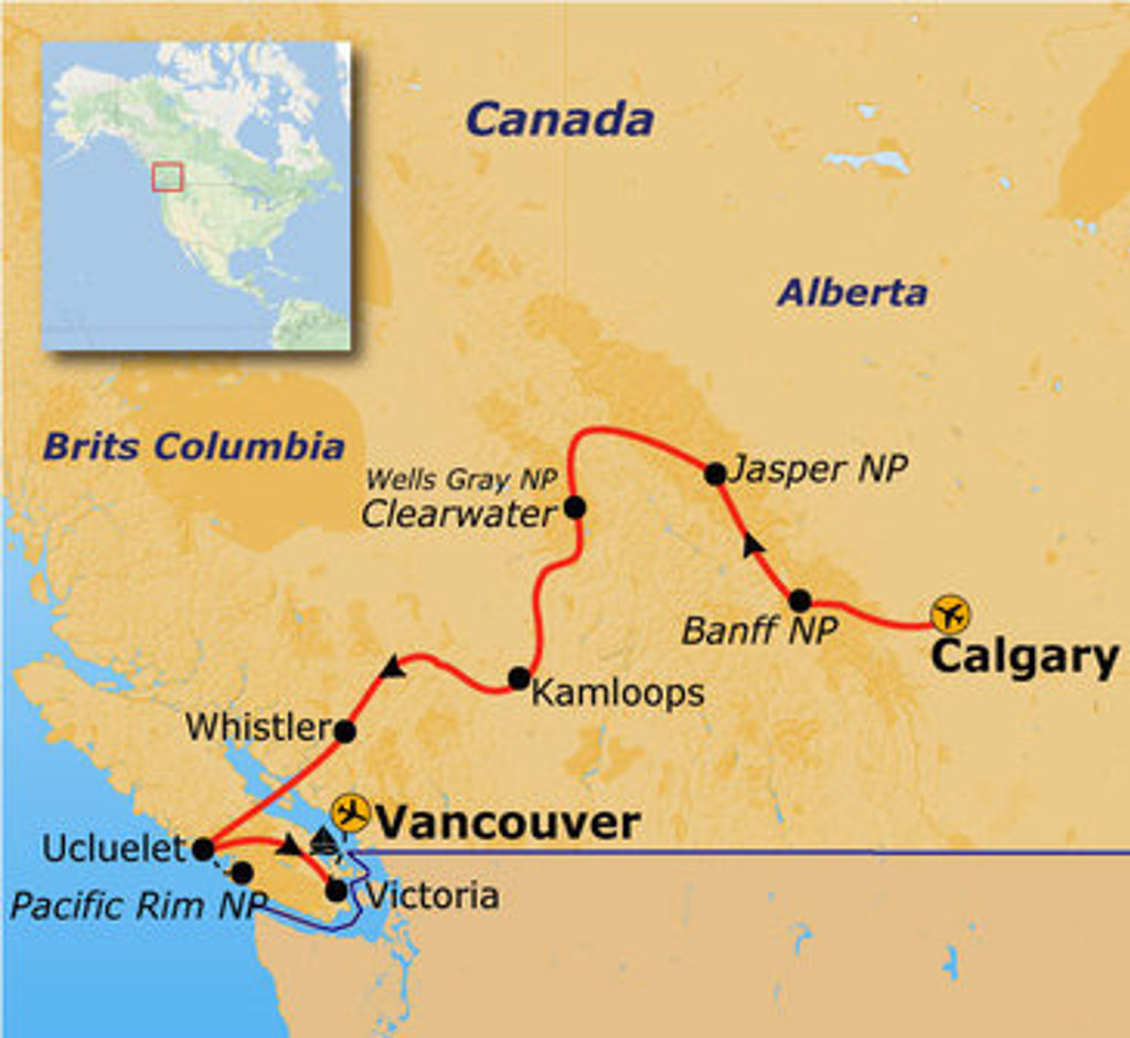Routekaart Canada met reisroute van Vancouver via Whistler, Clearwater, Jasper en Banff naar Calgary.