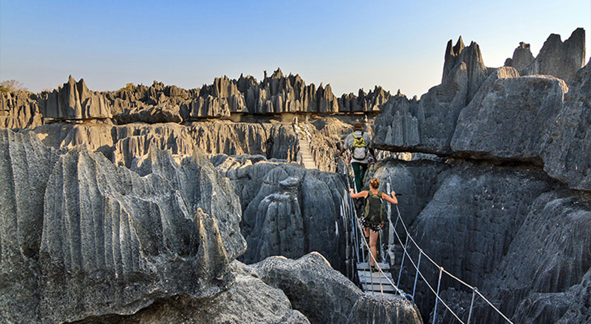 Tsingy de Bemaraha Nationaal Park Wandelaars op hangbrug tussen scherpe kalksteenrotsen in het Tsingy de Bemaraha Nationaal Park, Madagaskar.