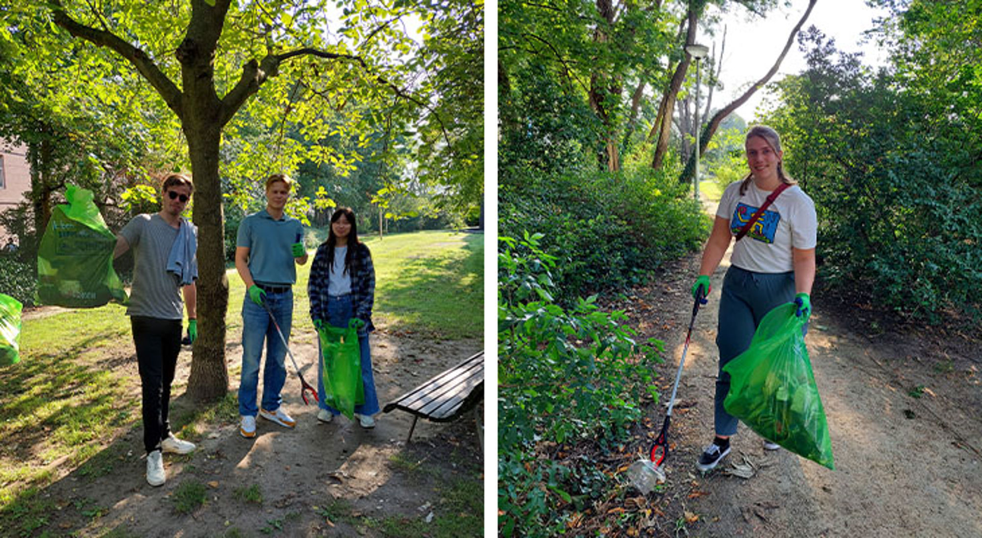 World Cleanup Day Vrijwilligers ruimen zwerfafval op in het park met grijpers, handschoenen en afvalzakken.