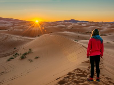 Reiziger op zandduin bij zonsondergang in de Sahara, Route Marokko.