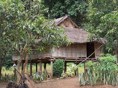 Bamboehuis op palen met rieten dak in het groen langs de Route Thailand Noord en Zuid.