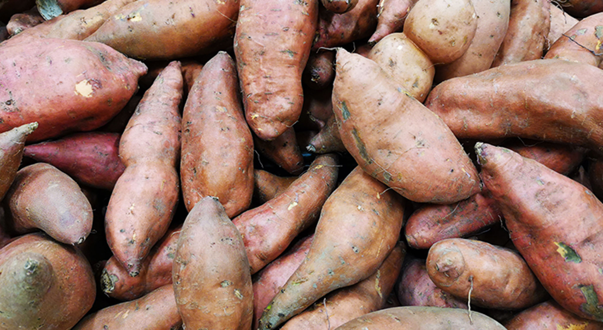 Zoete aardappelen opgestapeld op een markt.