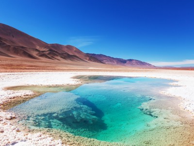 Turquoise zoutlagune in de Andes bij Route Argentinië, omringd door witte zoutvlakte en bergen.