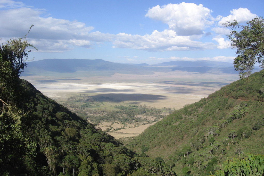 Uitzicht over de Ngorongoro-krater in Tanzania met savanne, groene hellingen en wolkenlucht.