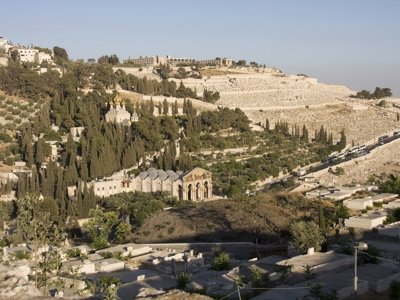 Uitzicht op de Olijfberg en Gethsemane in Jeruzalem, met cipressen en begraafplaatsen op de helling.