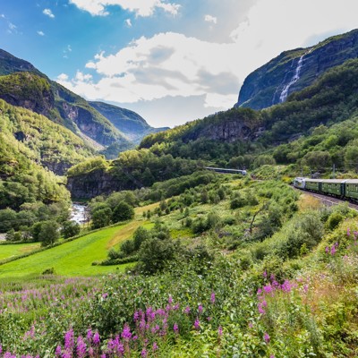 Treinreis door groene bergen en dalen in Scandinavië, met uitzicht op rivier en waterval.