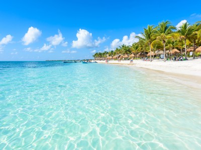 Wit zandstrand met palmbomen en helderblauw zeewater aan de kust van Mexico tijdens Route Mexico.