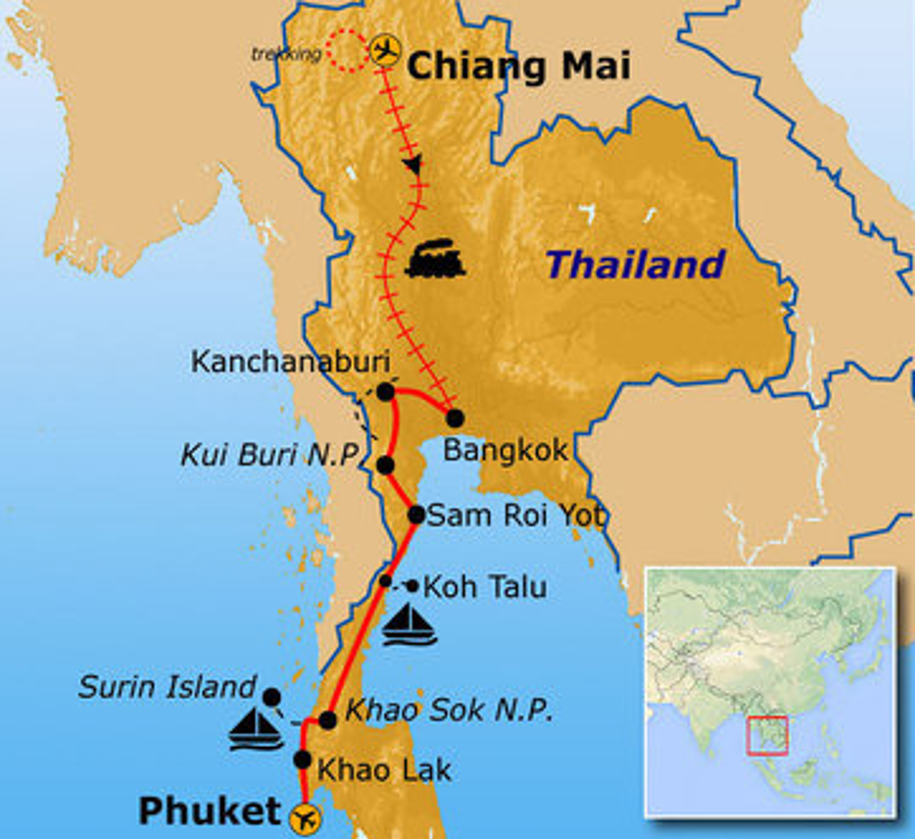 Routekaart Thailand oktober t/m april: Chiang Mai, Bangkok, Kanchanaburi, Sam Roi Yot, Khao Sok en Phuket.