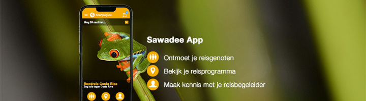 Sawadee app op smartphone met functies om reisgenoten te ontmoeten, reisprogramma te bekijken en reisbegeleider te leren kennen.