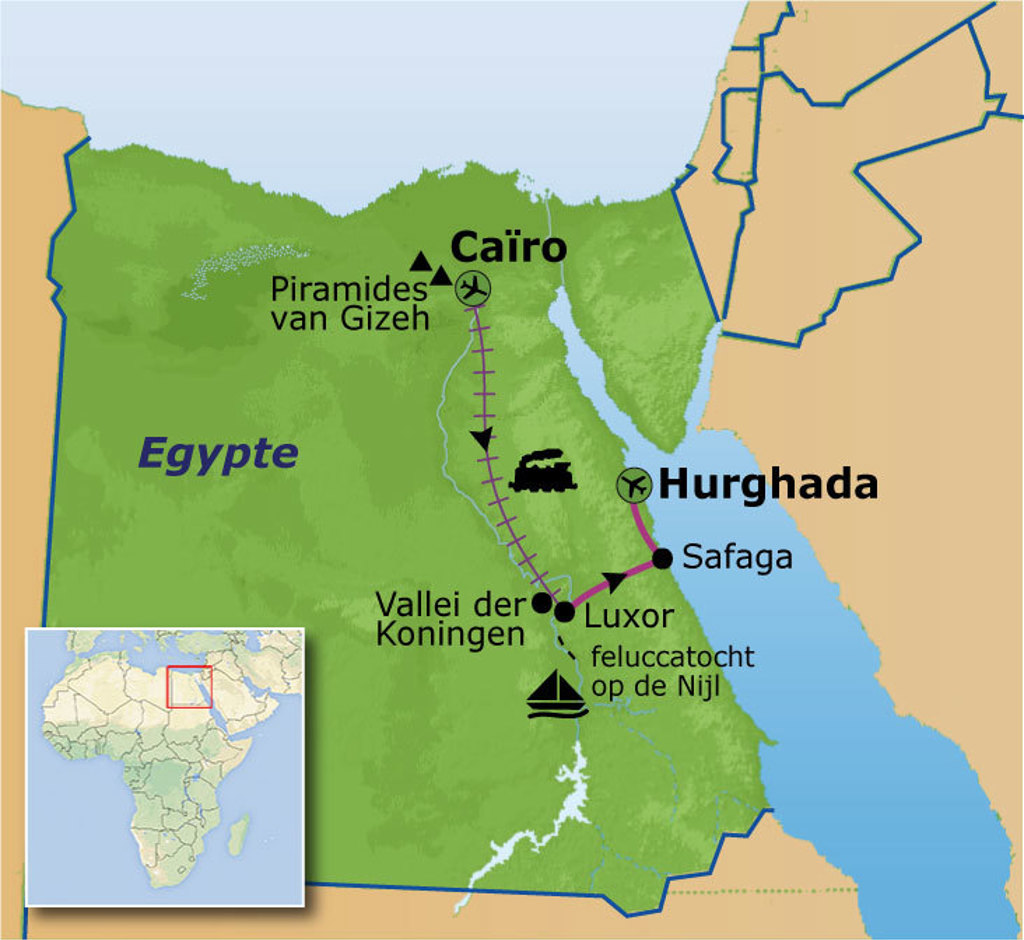 Routekaart Egypte met reis langs de Nijl: Caïro, piramides van Gizeh, Luxor, Vallei der Koningen en Hurghada.