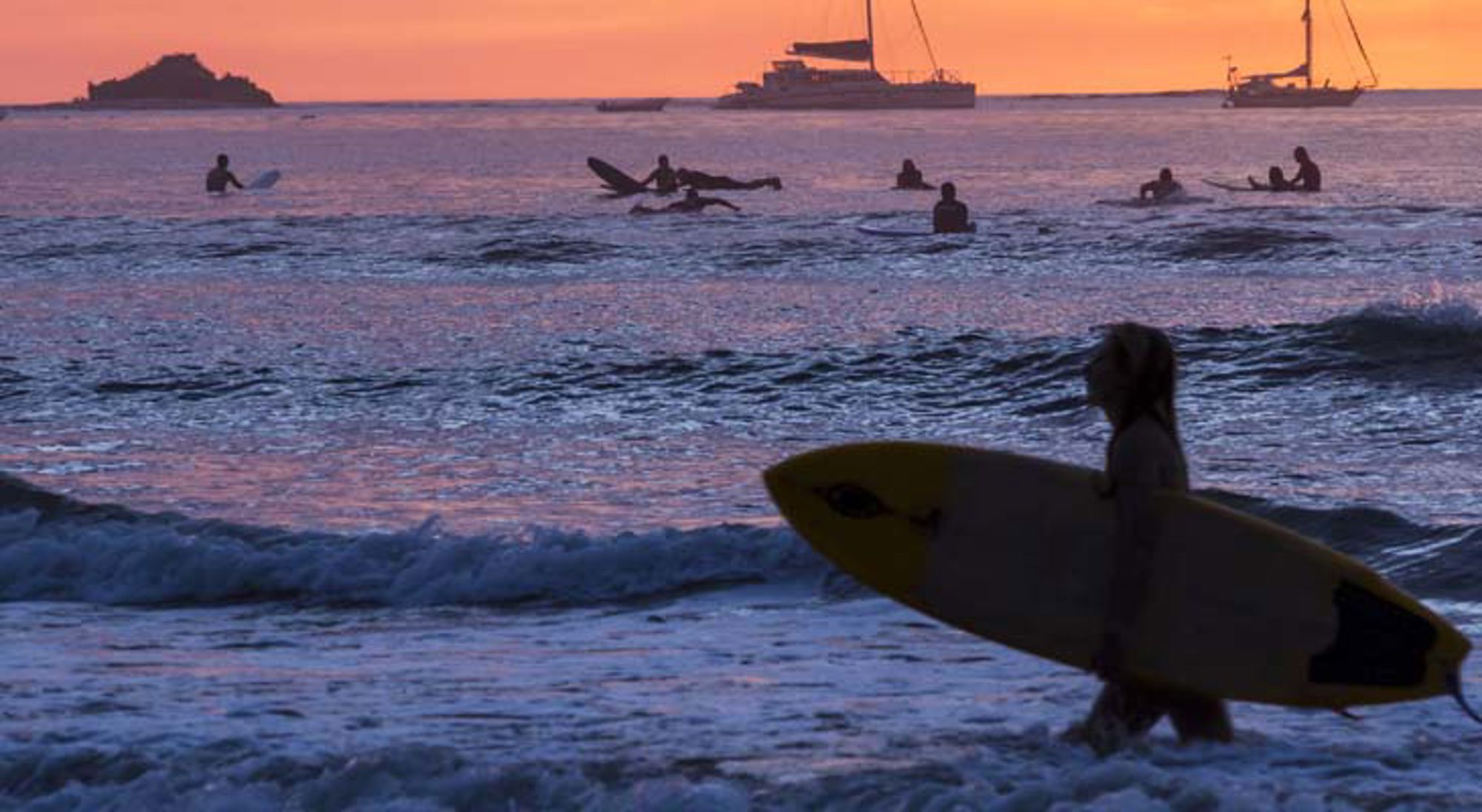 Surfen Tamarindo Mistig regenwoudlandschap in Costa Rica met silhouetten van bomen en vogels in de verte.