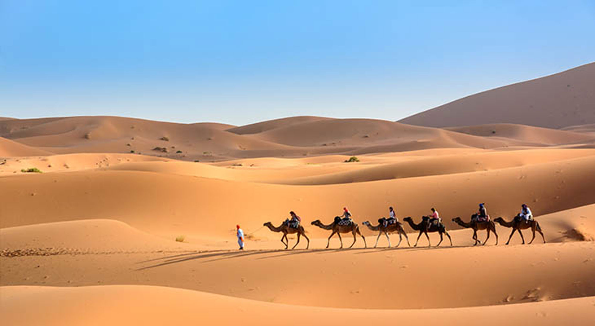 Merzouga Karavaan met kamelen en reizigers in de Sahara-woestijn bij Merzouga, Marokko.