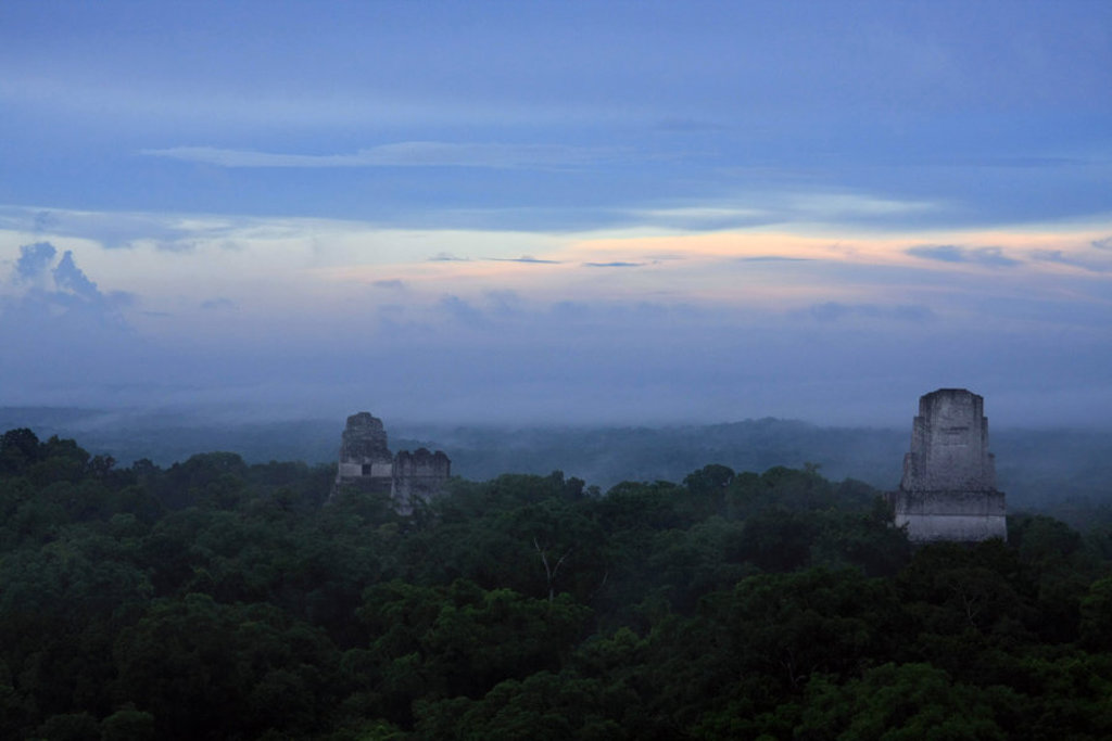 Maya-tempels boven het regenwoud bij zonsopkomst tijdens groepsrondreis Trans-Midden-Amerika.
