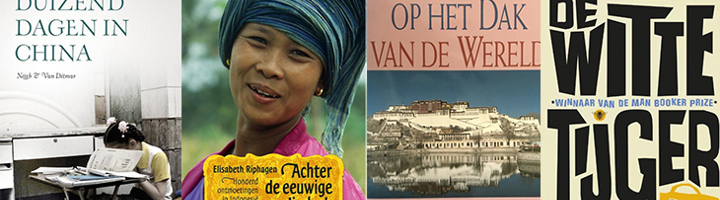 Boekcovers met Azië-reistips, waaronder Duizend dagen in China, Achter de eeuwige glimlach, Een hotel op het dak van de wereld en De witte tijger.