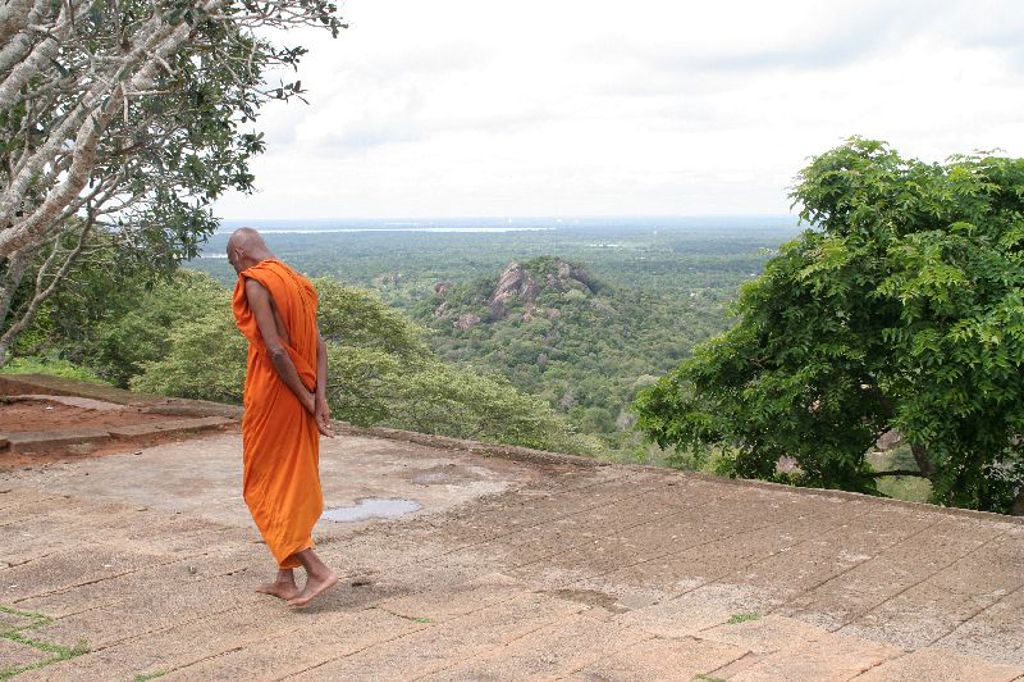 Boeddhistische monnik in oranje gewaad met uitzicht over het groene landschap van Sri Lanka.