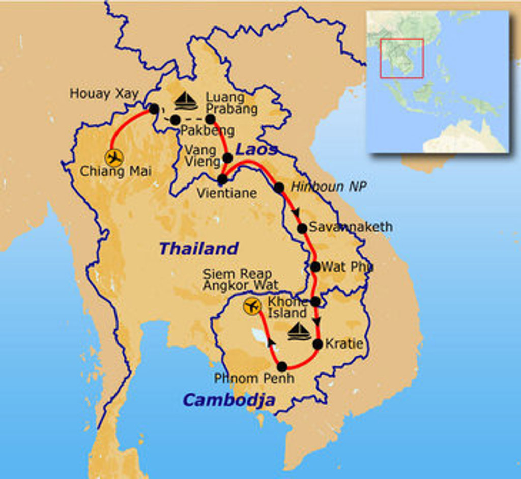 Routekaart Laos & Cambodja met reisroute langs o.a. Luang Prabang, Vientiane, Savannaketh, Siem Reap en Phnom Penh.