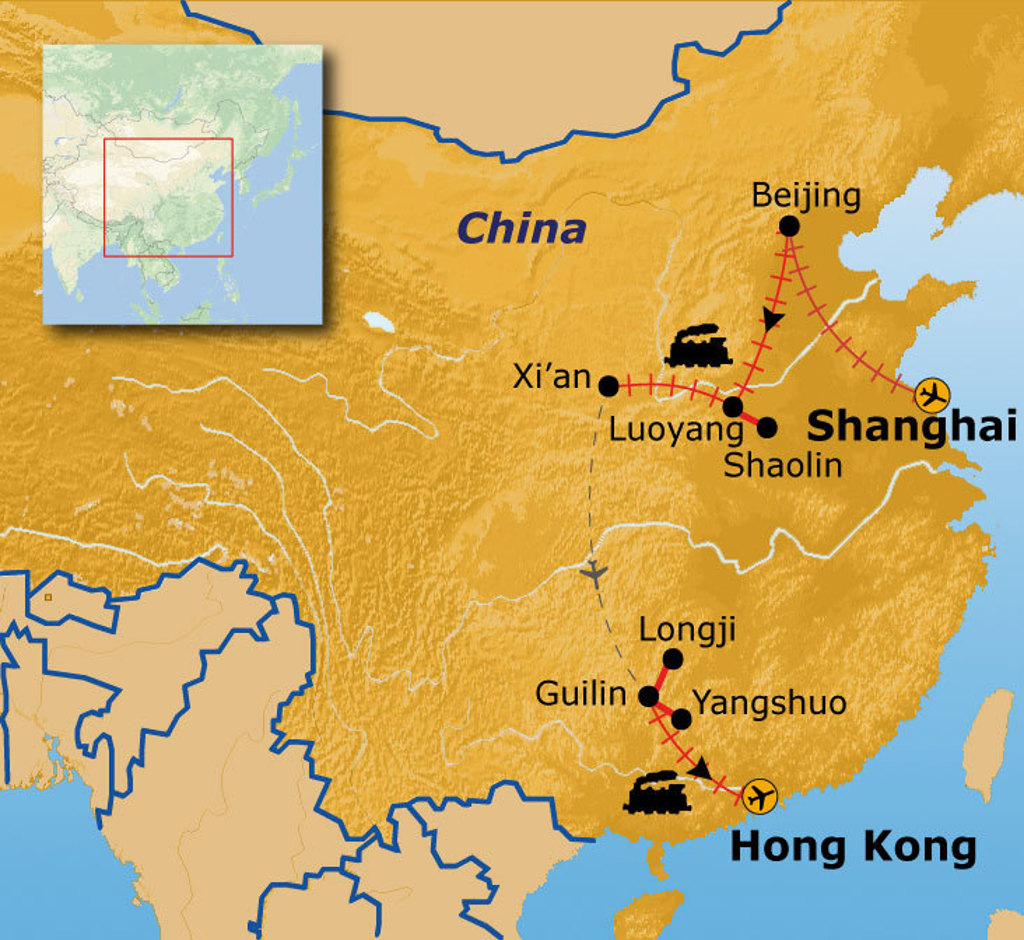 Routekaart China 19 dagen vanaf met Beijing, Xi’an, Luoyang, Shaolin, Shanghai, Guilin, Yangshuo en Hong Kong.