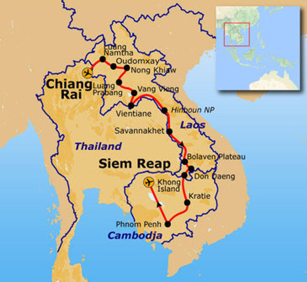Routekaart Laos & Cambodja met reisroute langs o.a. Luang Prabang, Vientiane, Phnom Penh en Siem Reap.