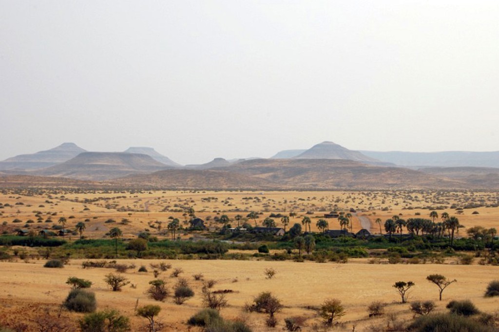 Uitgestrekte woestijnvlakte met acacia’s en bergen in Namibië tijdens groepsrondreis met lodge/hotel.