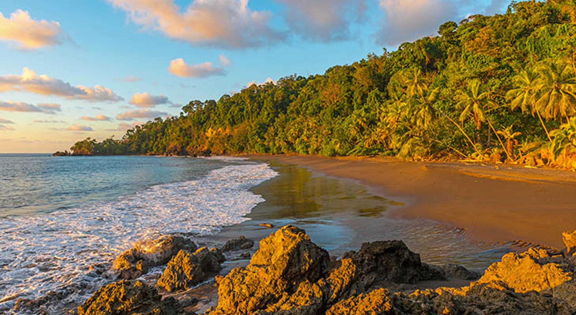 Corcovado Nationaal Park in Costa Rica Tropisch strand met palmbomen, rotsen en zacht golvende zee bij zonsondergang.