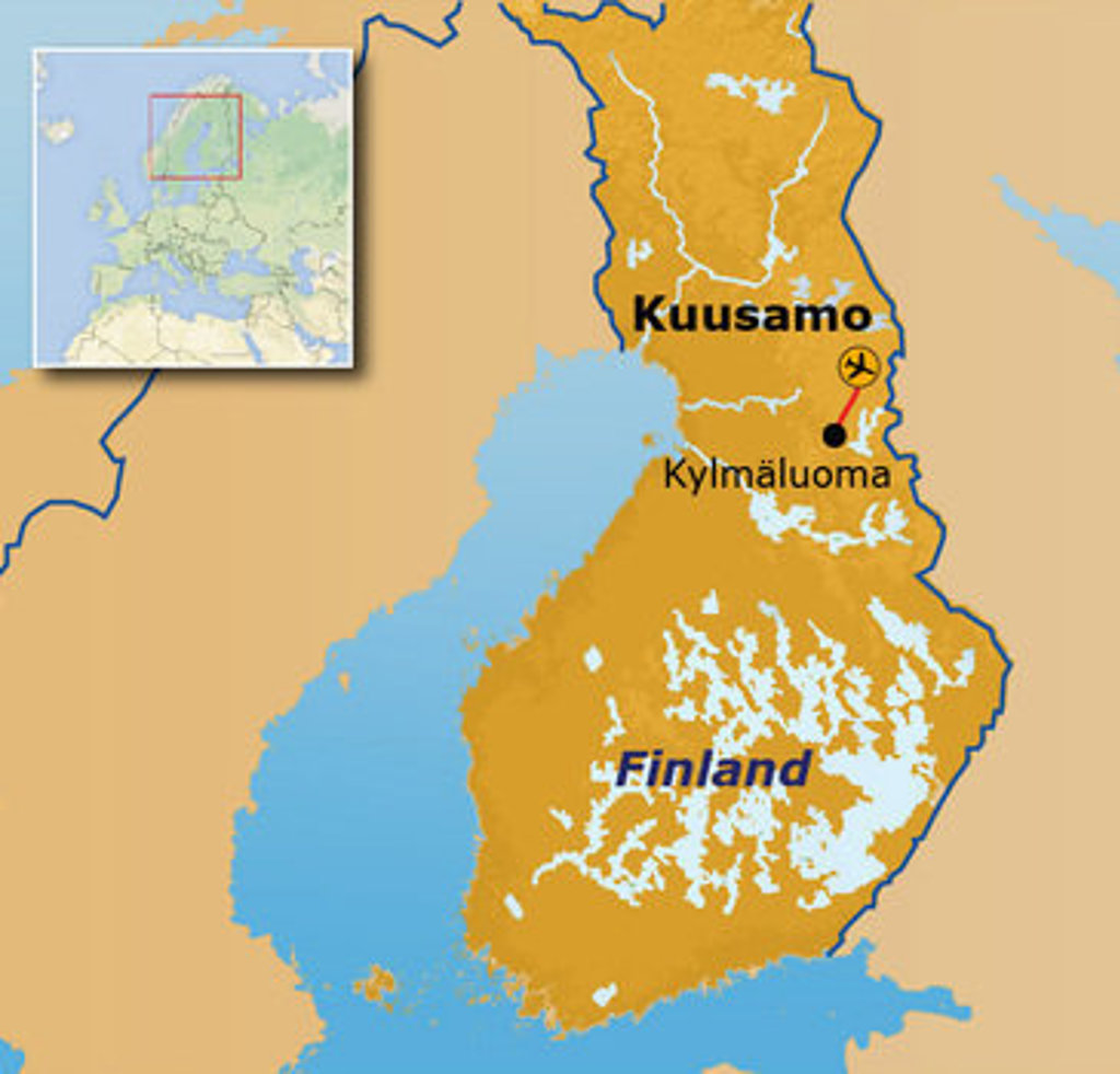 Routekaart Lapland met Kuusamo en Kylmäluoma in Finland, inclusief vliegroute naar Kuusamo.