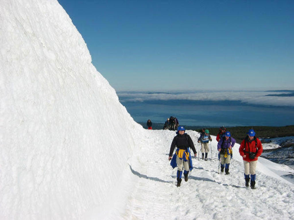 Wandelaars met stijgijzers op een gletsjer in Patagonië tijdens groepsrondreis Patagonië en Paaseiland.