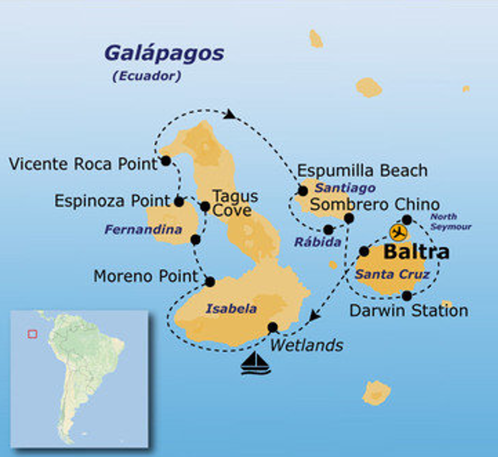 Routekaart Galapagoseilanden met vaarroute langs Baltra, Santa Cruz, Isabela, Fernandina, Santiago en Rábida.