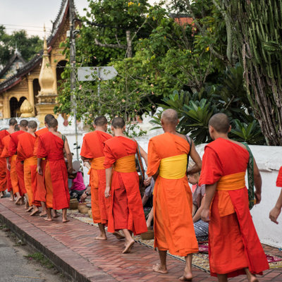 Boeddhistische monniken in oranje gewaden lopen in een rij langs een tempel in Laos tijdens een familiereis.