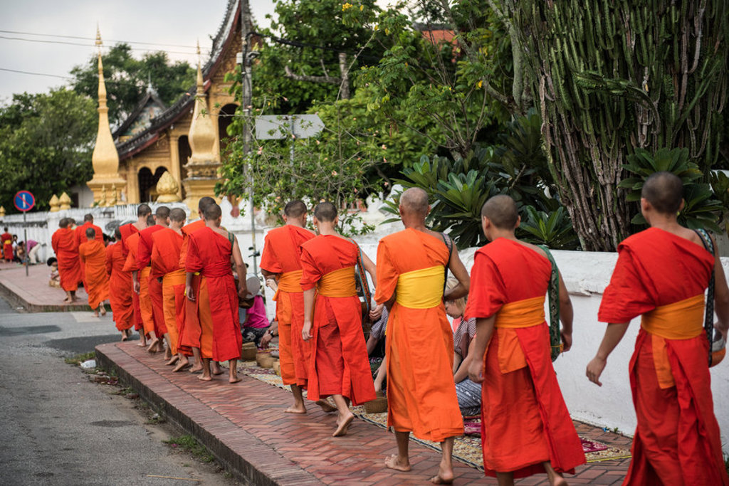 Boeddhistische monniken in oranje gewaden lopen in een rij langs een tempel in Laos tijdens een familiereis.