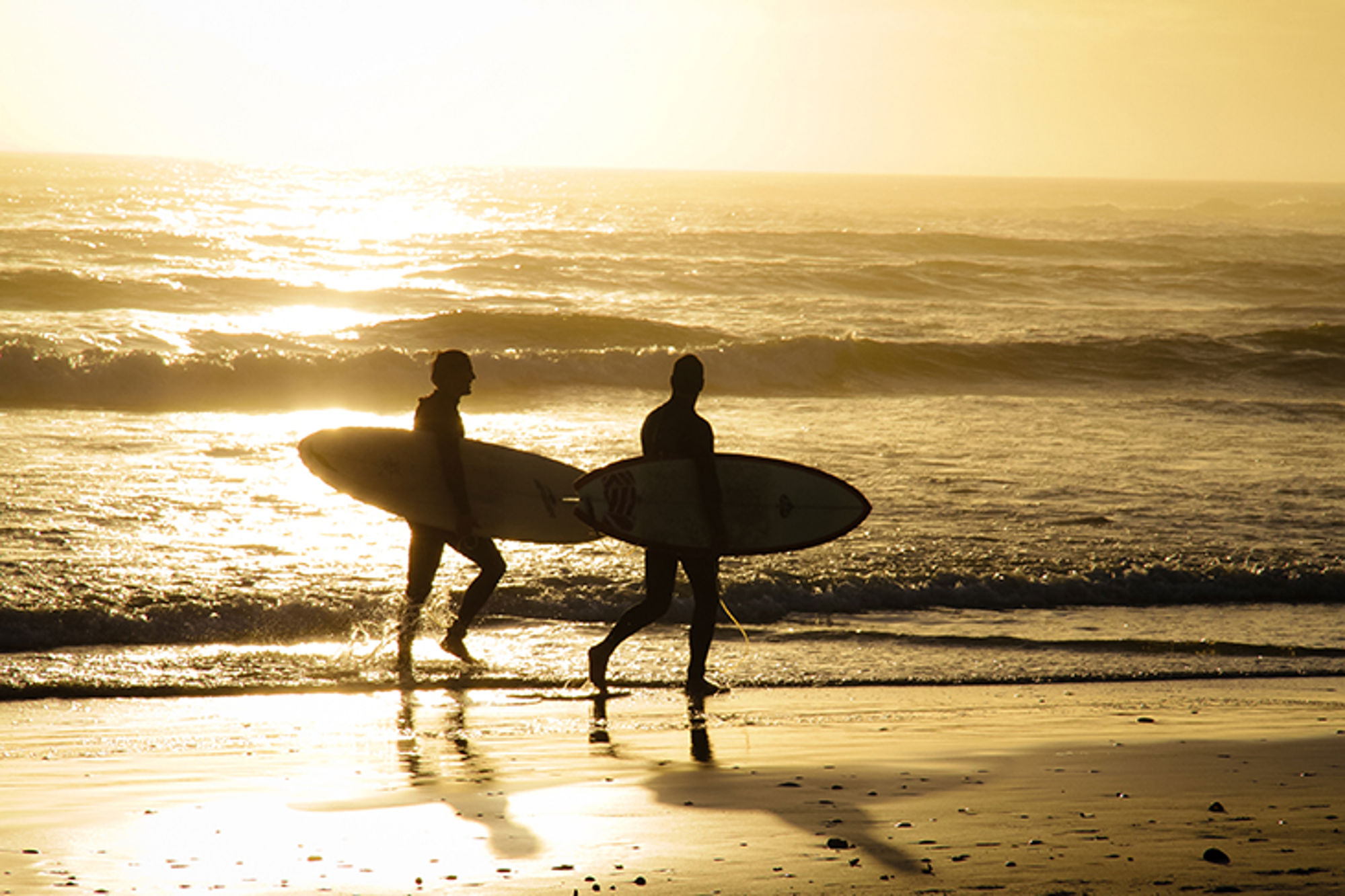 Surfen in Kaapstad Surfers lopen met surfboards langs de kust bij zonsondergang.