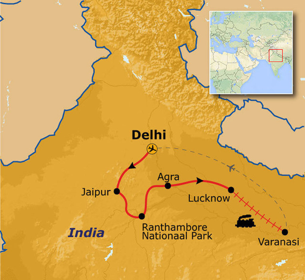 Routekaart Noord-India met reisroute via Delhi, Jaipur, Agra, Ranthambore Nationaal Park, Lucknow en Varanasi.