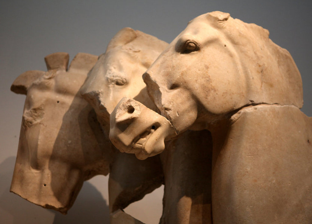 Marmeren paardenkoppen uit de Griekse oudheid in een museum.