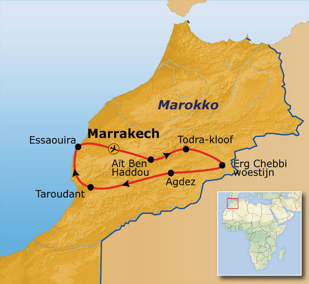Routekaart Marokko met rondreis langs Marrakech, Essaouira, Aït Ben Haddou, Todra-kloof, Agdez en Erg Chebbi.