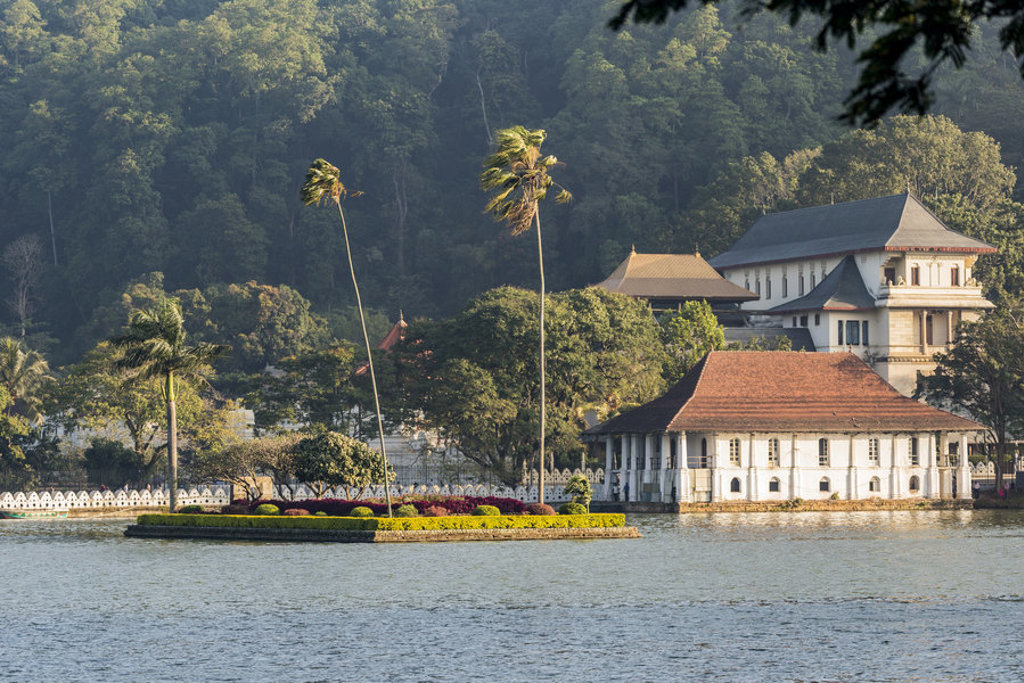 Tempelcomplex aan het Kandy Lake in Sri Lanka, omringd door palmbomen en groene heuvels.