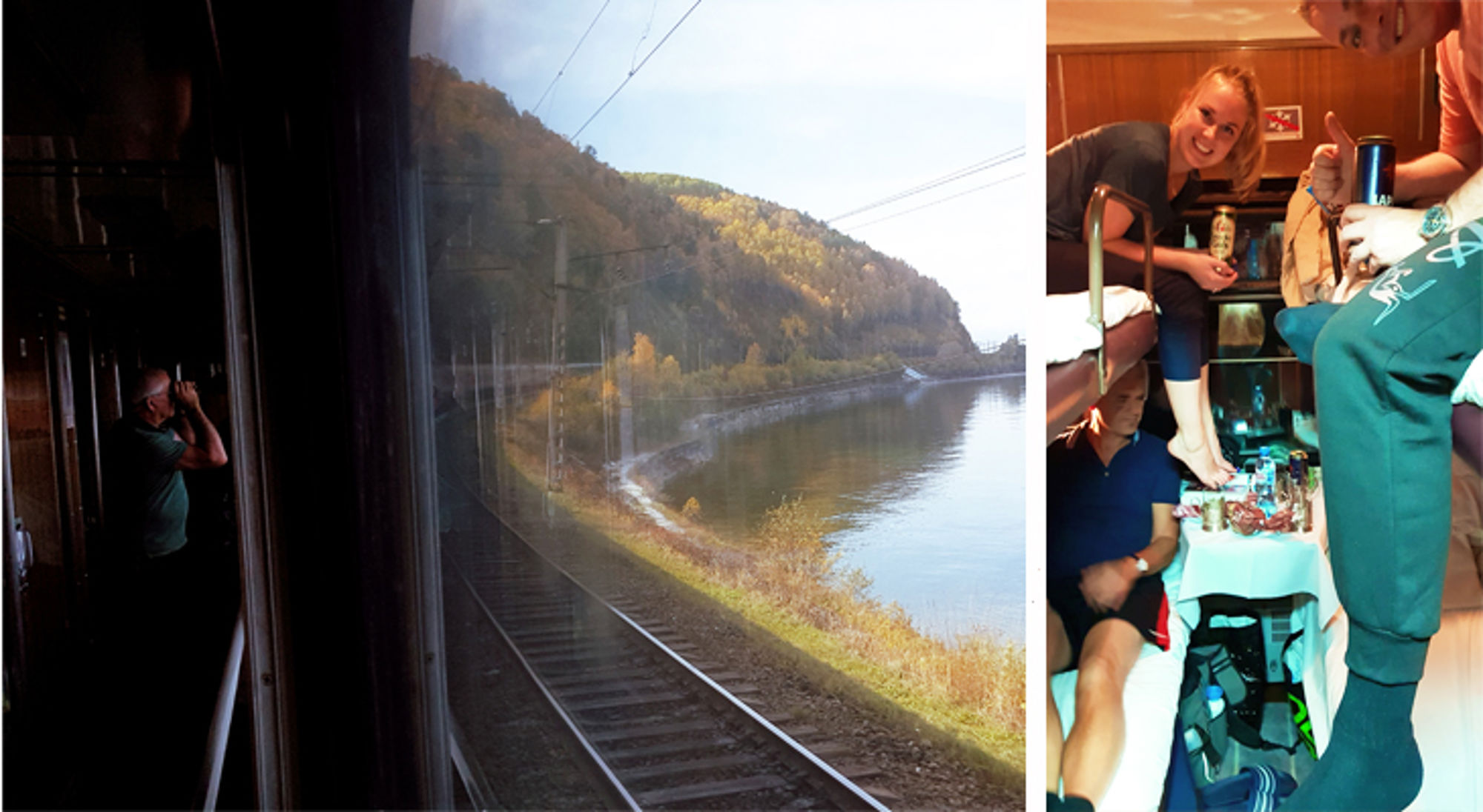 Trein tijdens Trans-Siberie-Express Treinreis langs rivier met heuvels in herfstkleuren, met reizigers in een coupé.