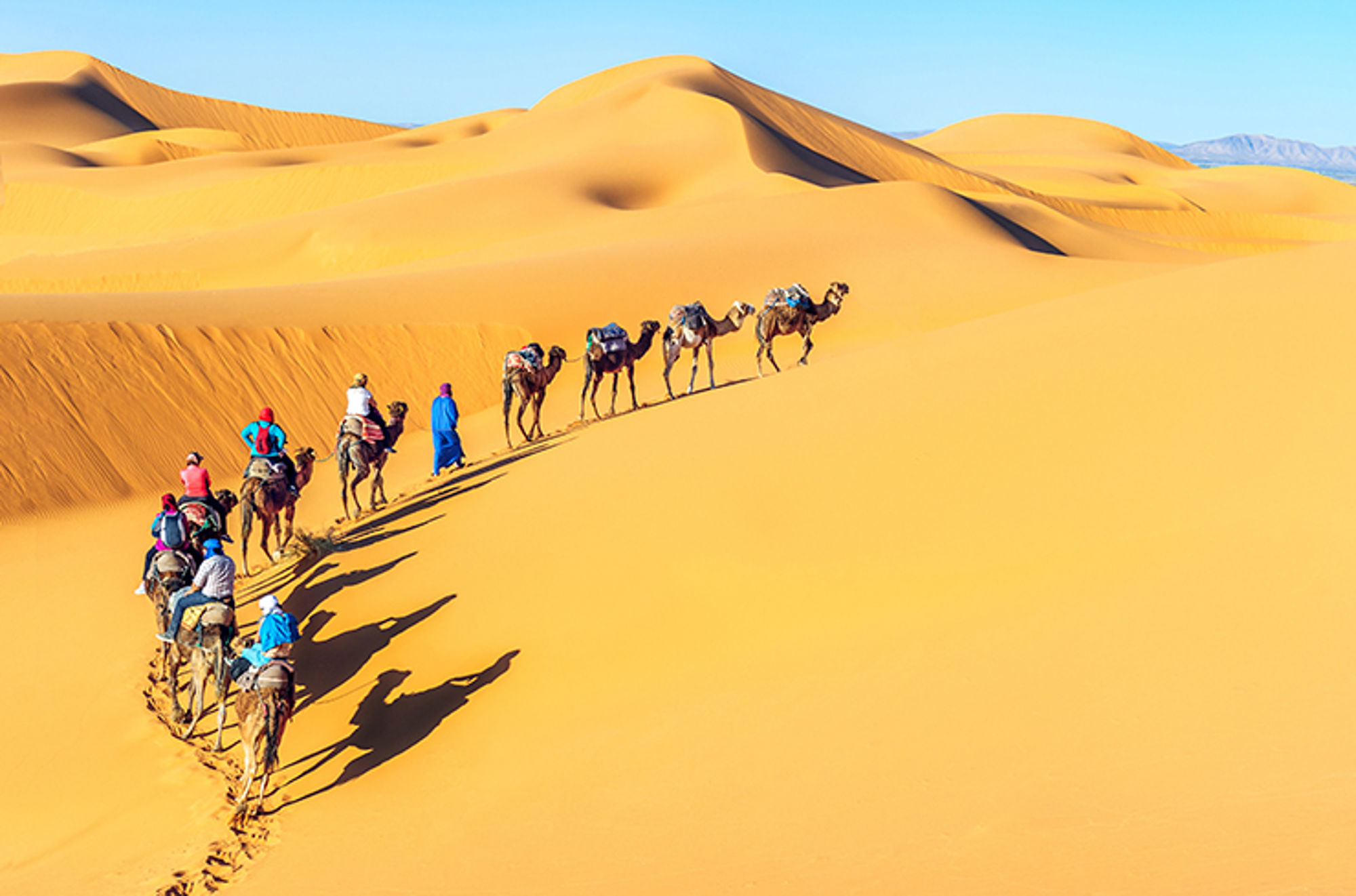 Karavaan met kamelen en reizigers trekt over hoge zandduinen in de woestijn.